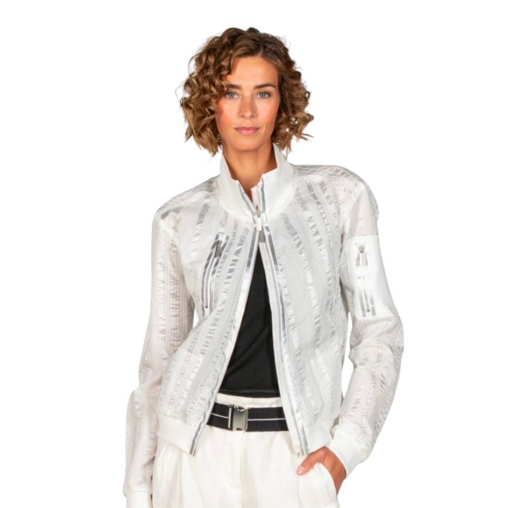 BEATE HEYMANN Cropped Silver/White Striped Translucent Bomber Jacket Womens US S